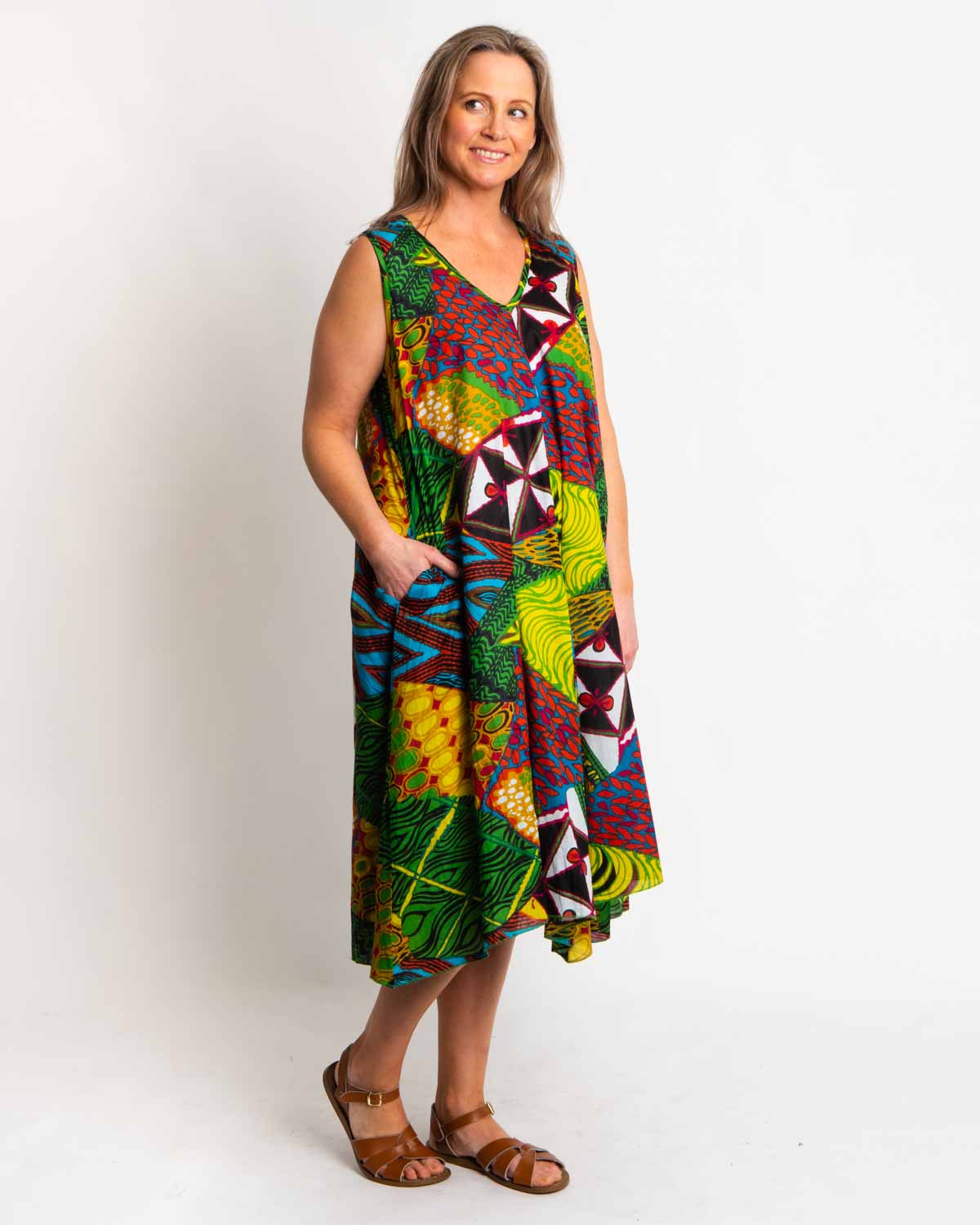 Coolum Dress in Green Festival - Colourful Cottons Coolum Dress in Green Festival - Colourful Cottons