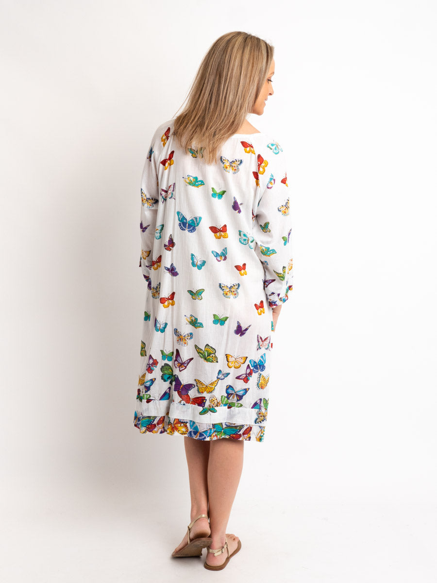Round Neck Knee-length Dress in White Butterfly Print