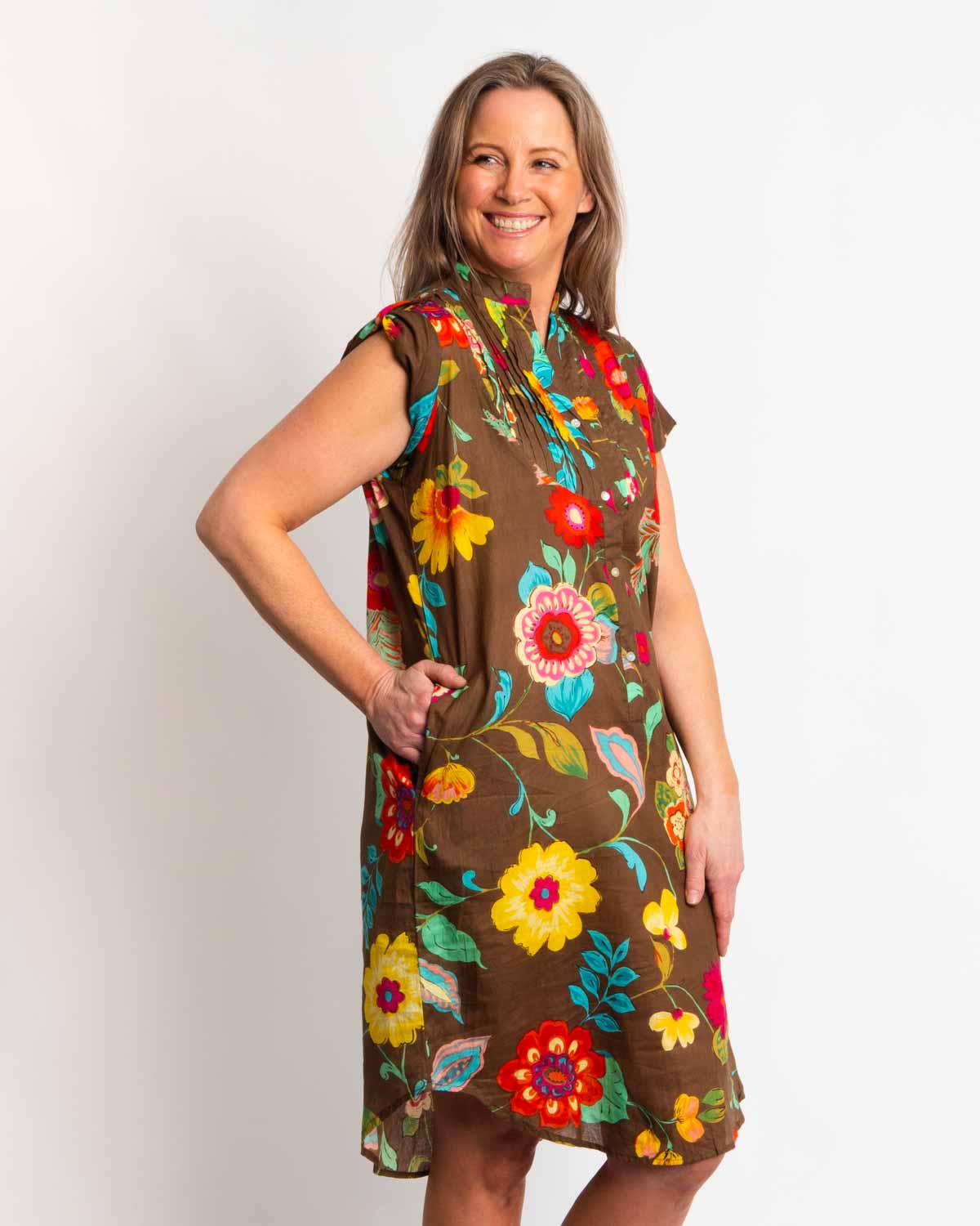 Magnetic Cap-sleeve Dress in Chocolate Floral
