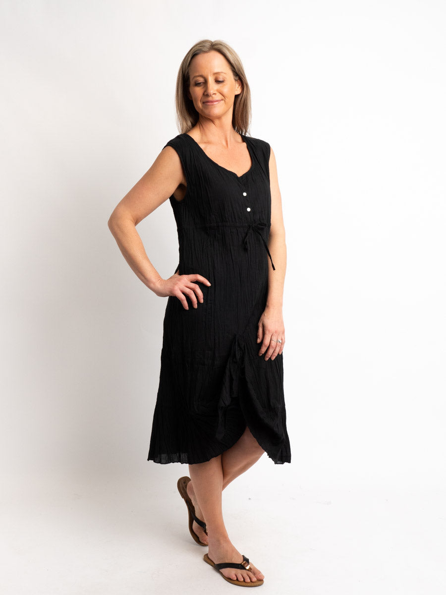 Sleeveless Black Cotton Mid-length Dress