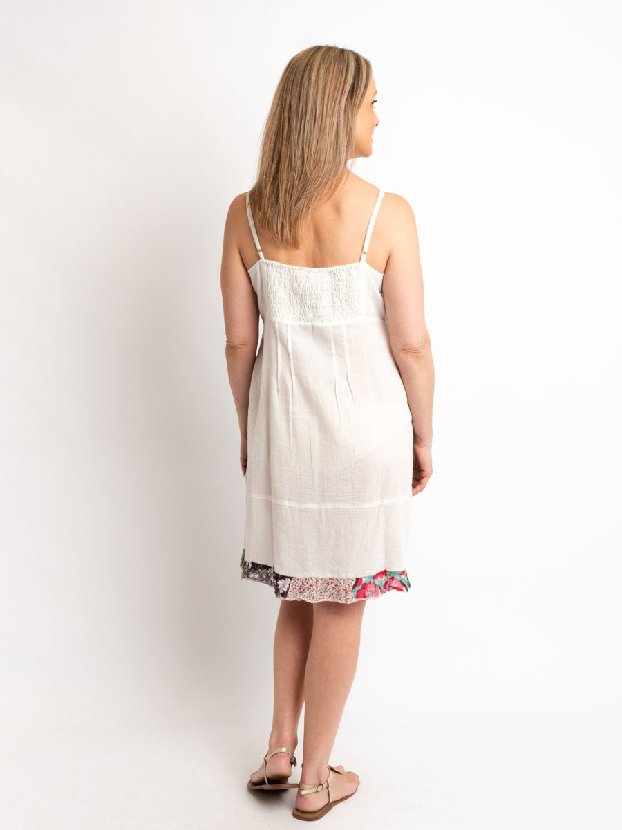 Embroidered Strappy Dress in Moss Cotton and Cotton Silk