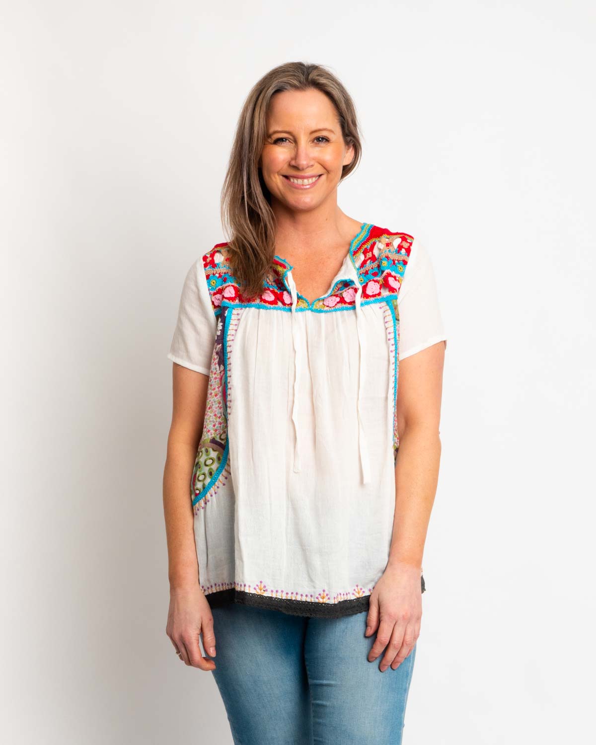 Embroidered Tunic Top in Moss Cotton and Cotton Silk