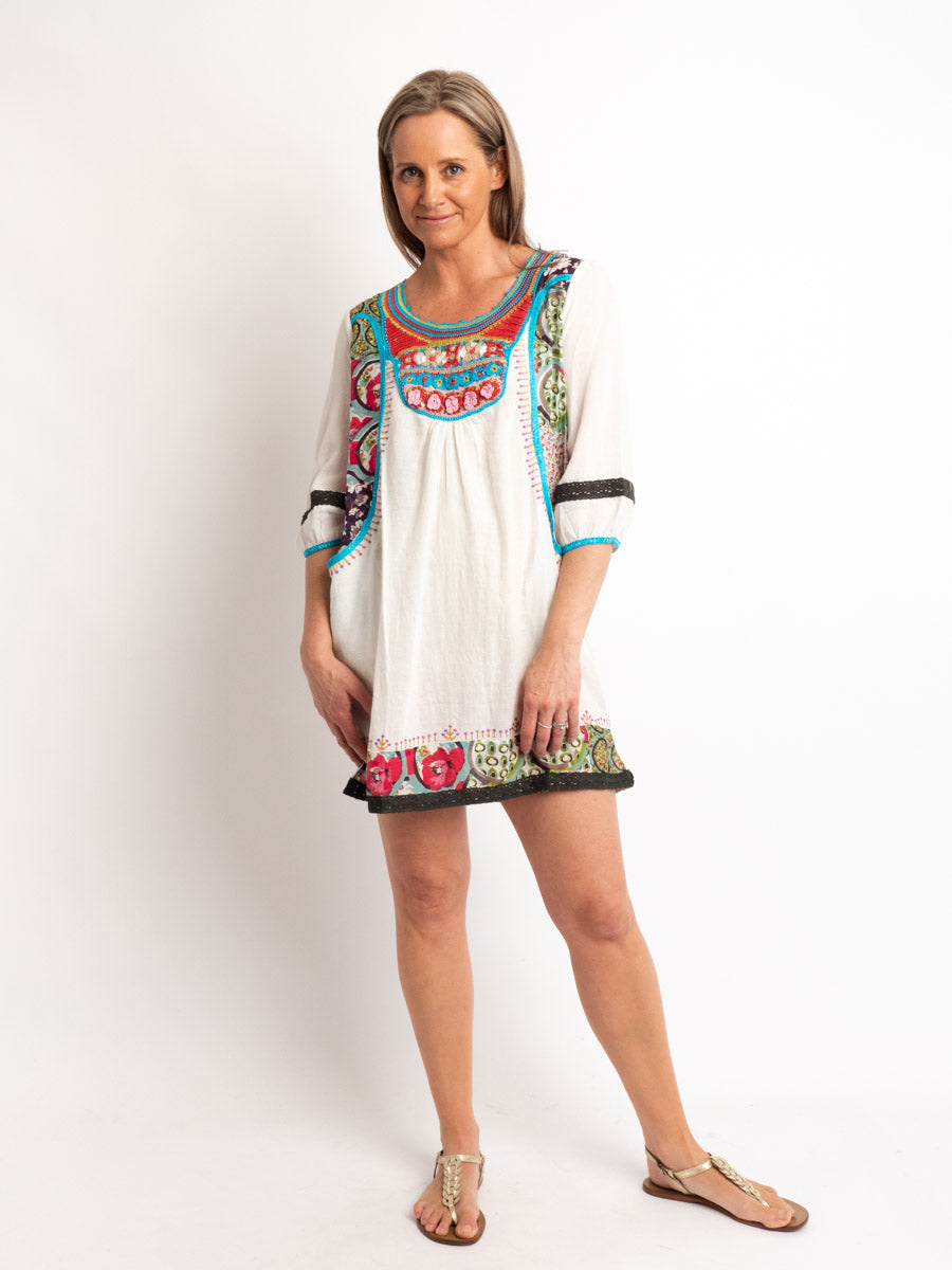 Embroidered Tunic dress in Moss Cotton and Cotton Silk