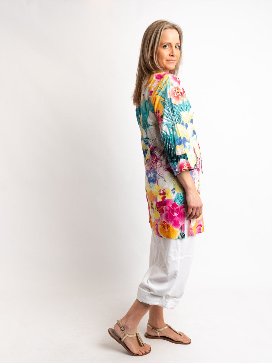 V-neck Long Kurta Style Top in Multi Floral Embroidered Print