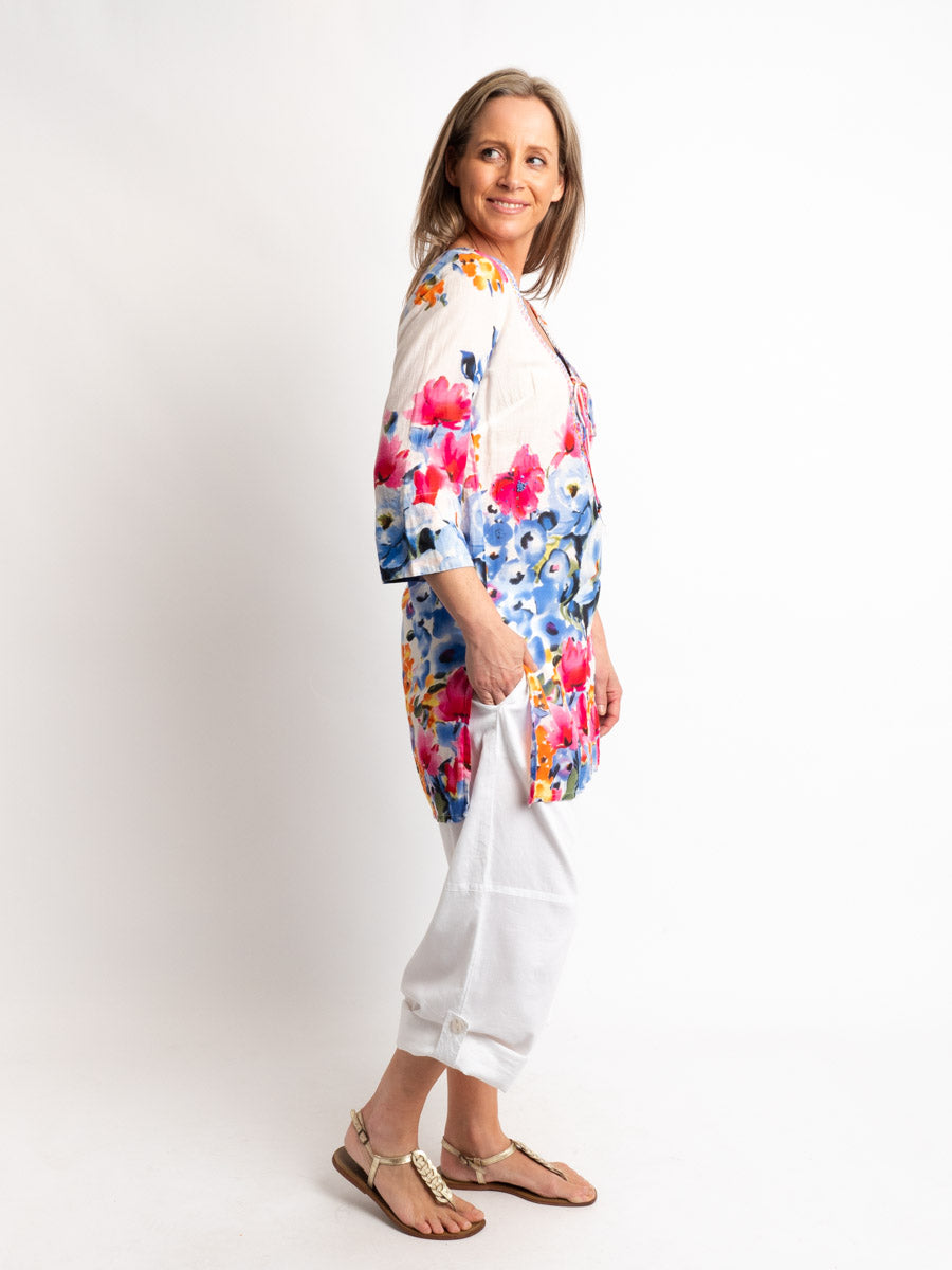 V-neck Long Kurta Style Top in Pink and Blue Floral