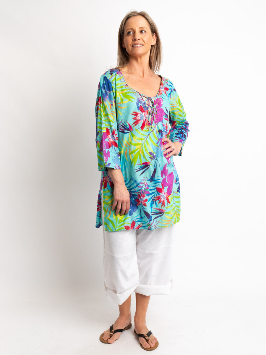 V-neck Long Kurta Style Top in Turquoise Tropical