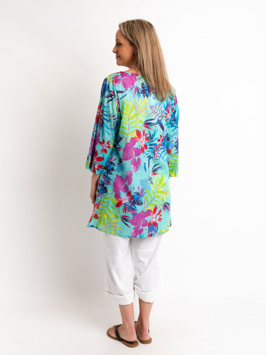 V-neck Long Kurta Style Top in Turquoise Tropical