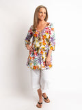 V-neck Long Kurta Style Top in White Tropical