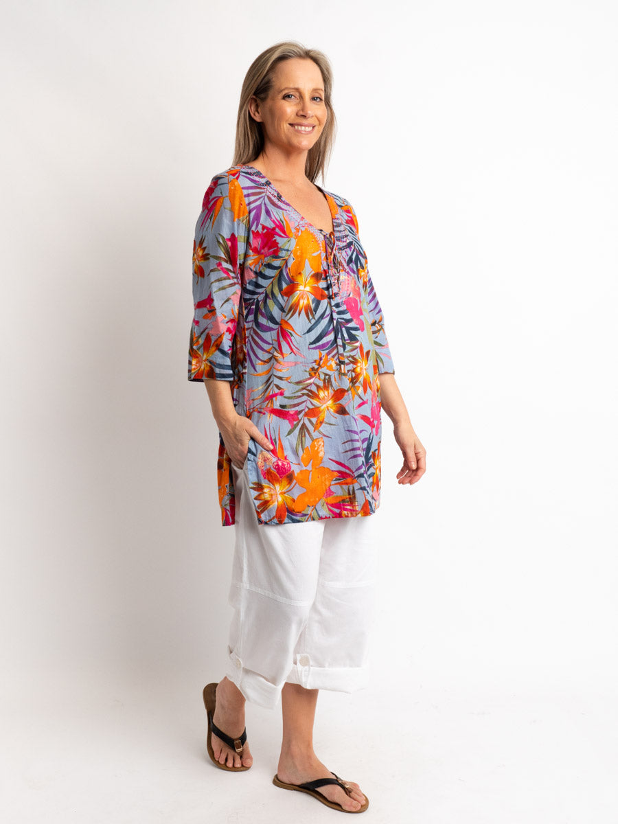 V-neck Long Kurta Style Top in Blue Grey Tropical