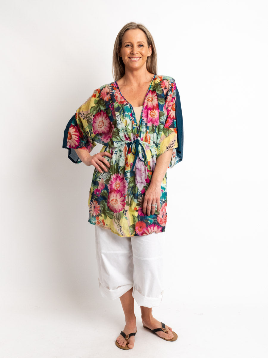 Poncho Style V-neck Top with Drawstring