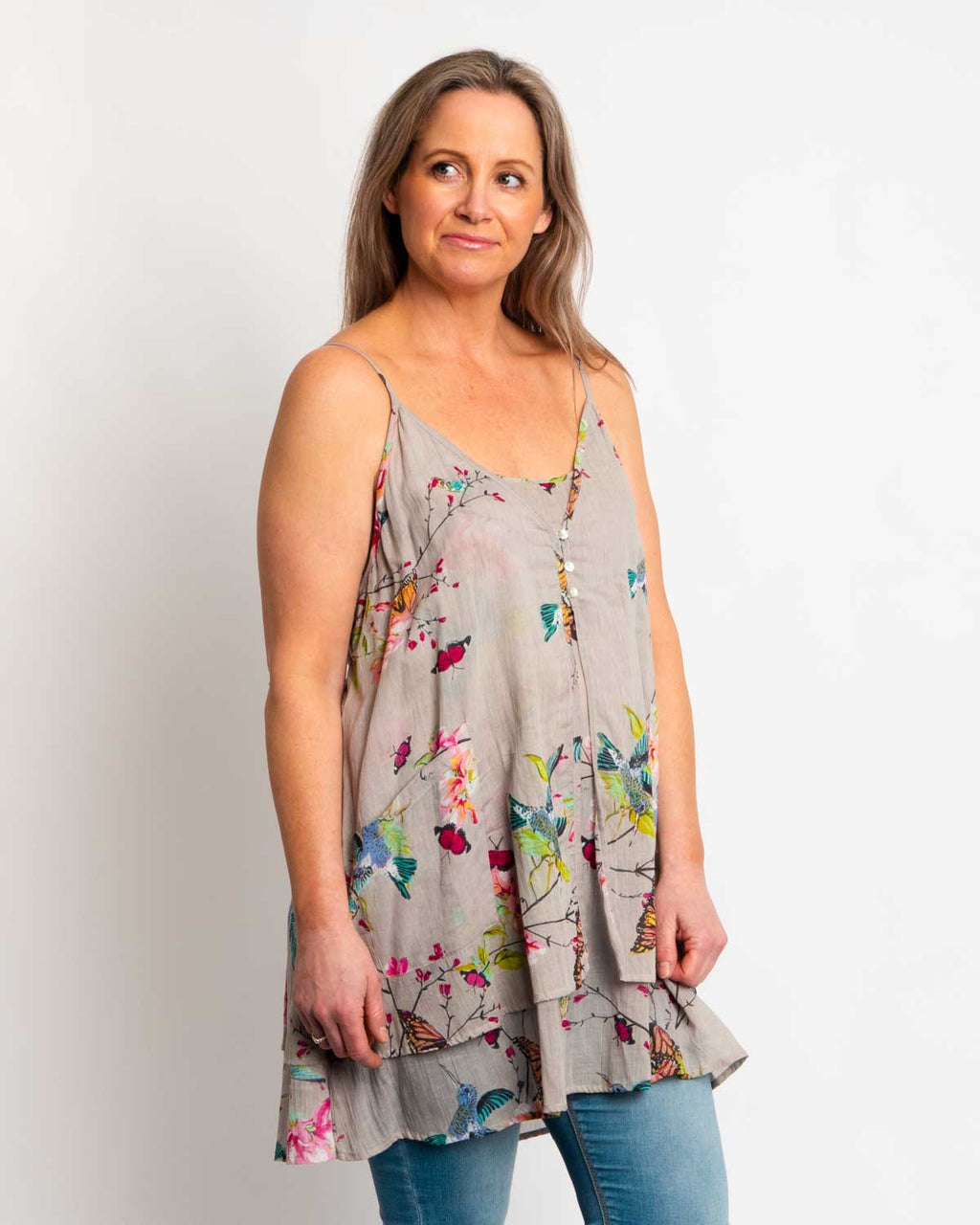 Double layered singlet top in grey butterfly