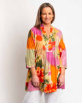 Pleated Long V-neck Top in Orange Pink Print