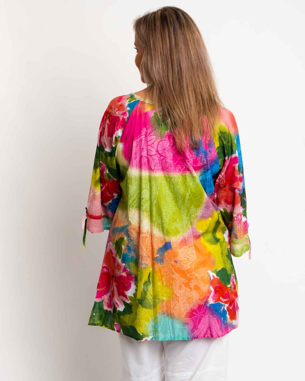 Pleated Round Neck Top in Pink/Blue Pastel print