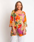 Pleated Round Neck Top in Orange Pink print