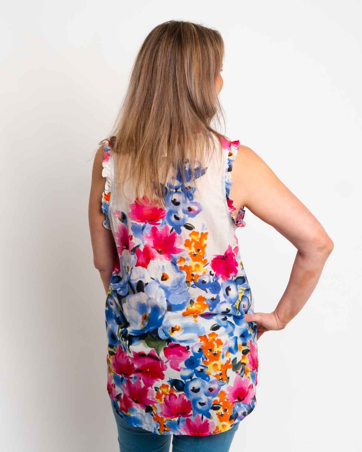 Chilli Top in Blue and Pink on White Floral
