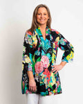 Pleated Long V-neck Top in Black Floral