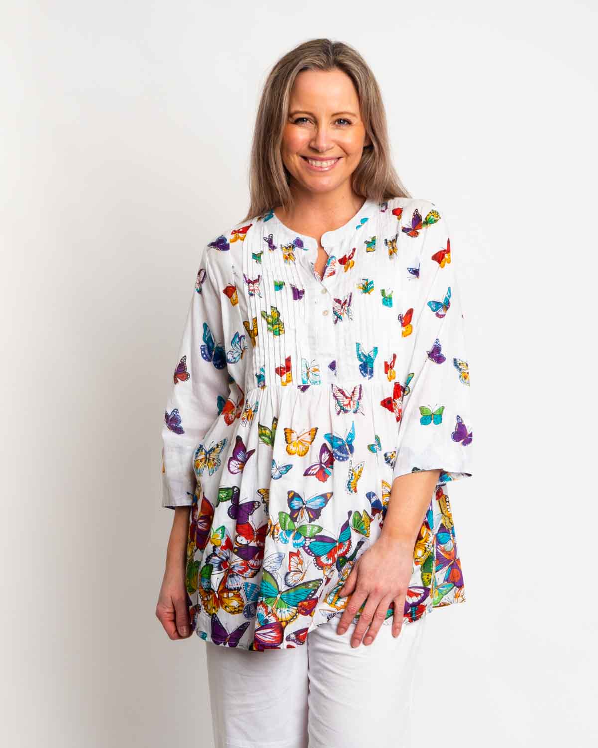 Bribie Top in White Butterfly Print