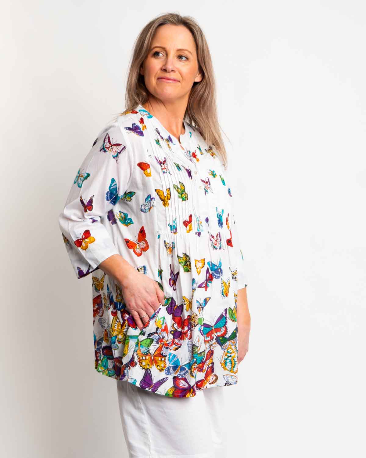 Bribie Top in White Butterfly Print
