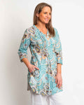 Long Pleated Top with Subtle Frills and 3/4 Raglan Sleeve in Aqua Geo