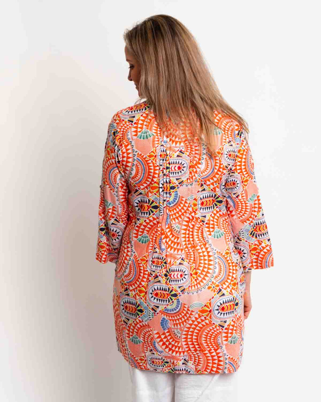 Pleated Long V-neck Top in Orange Geo