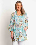 Pleated Long V-neck Top in Aqua Geo