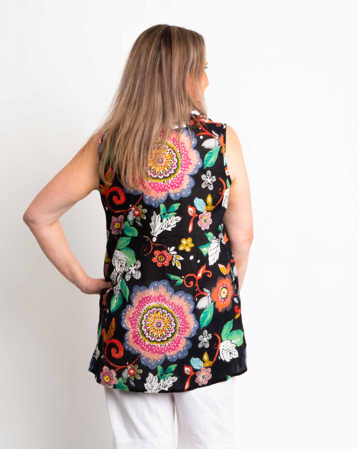 Embroidered Sleeveless Long Top in Black Pink Garden Print