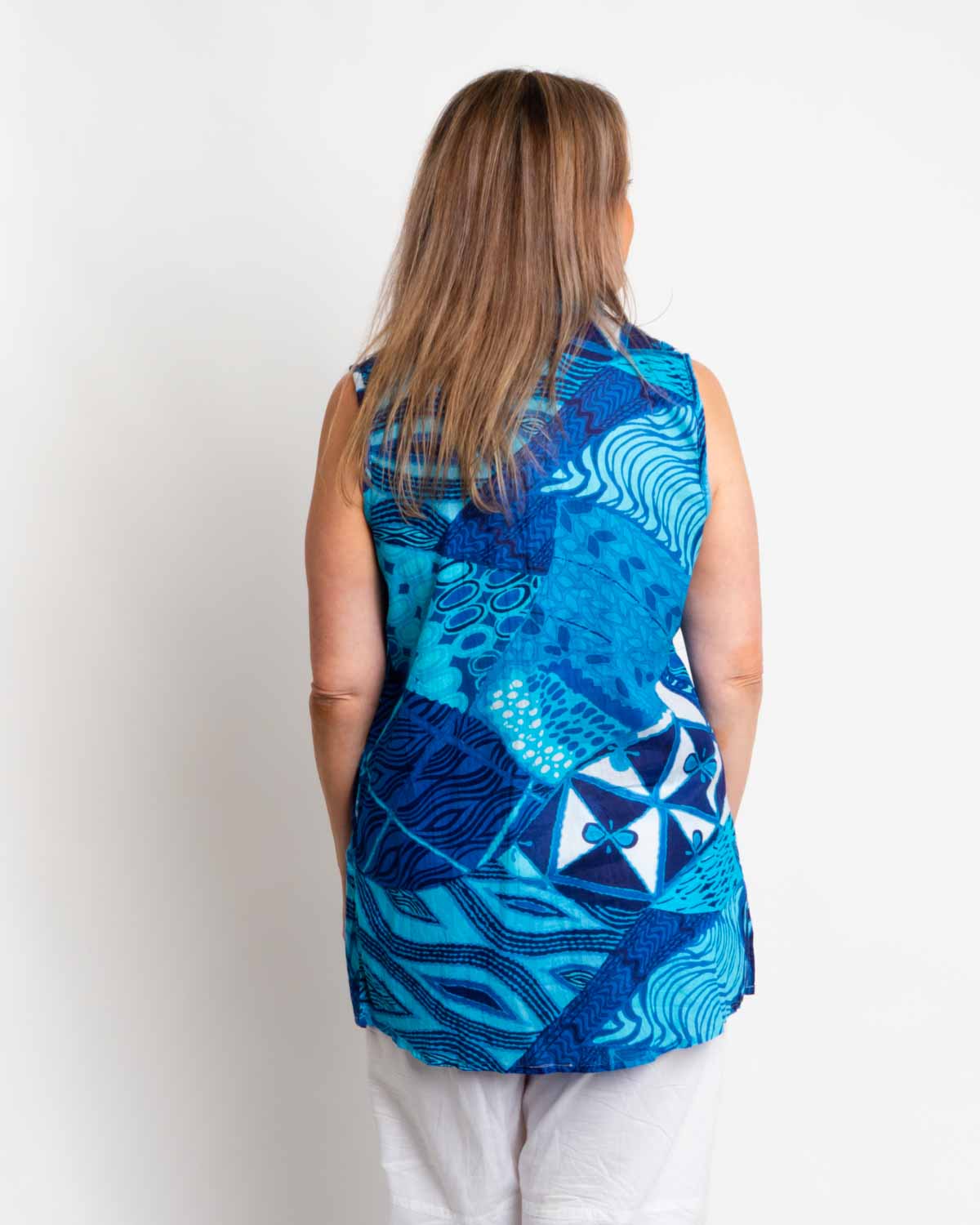 Embroidered Sleeveless Long Top in Blue Festival Print