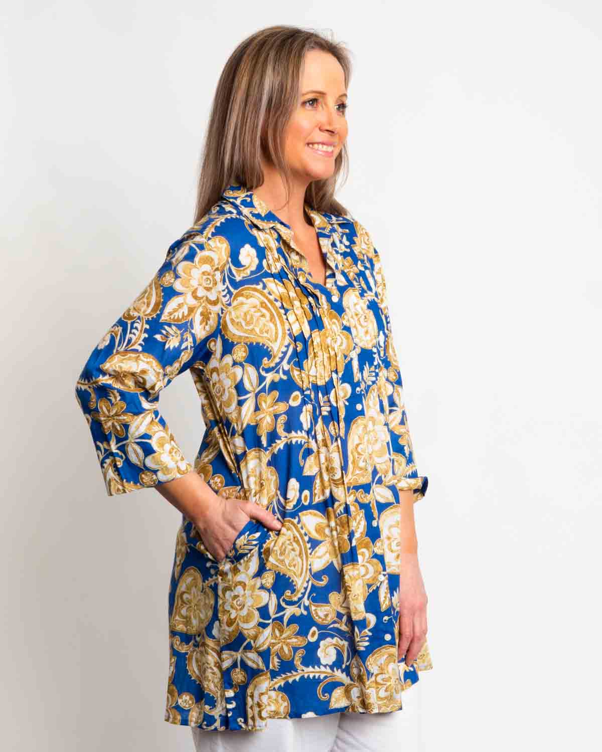 Long Collared Pleated Shirt in Brocade Blue