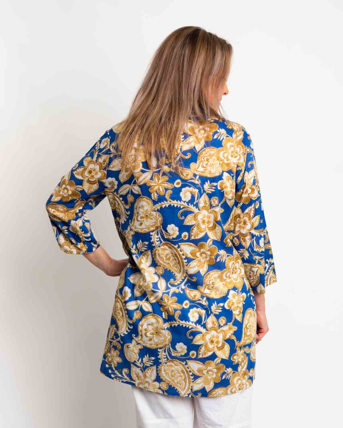 Long Collared Pleated Shirt in Brocade Blue
