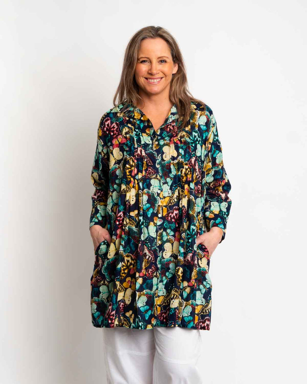 Long Collared Pleated Shirt in Navy Butterfly