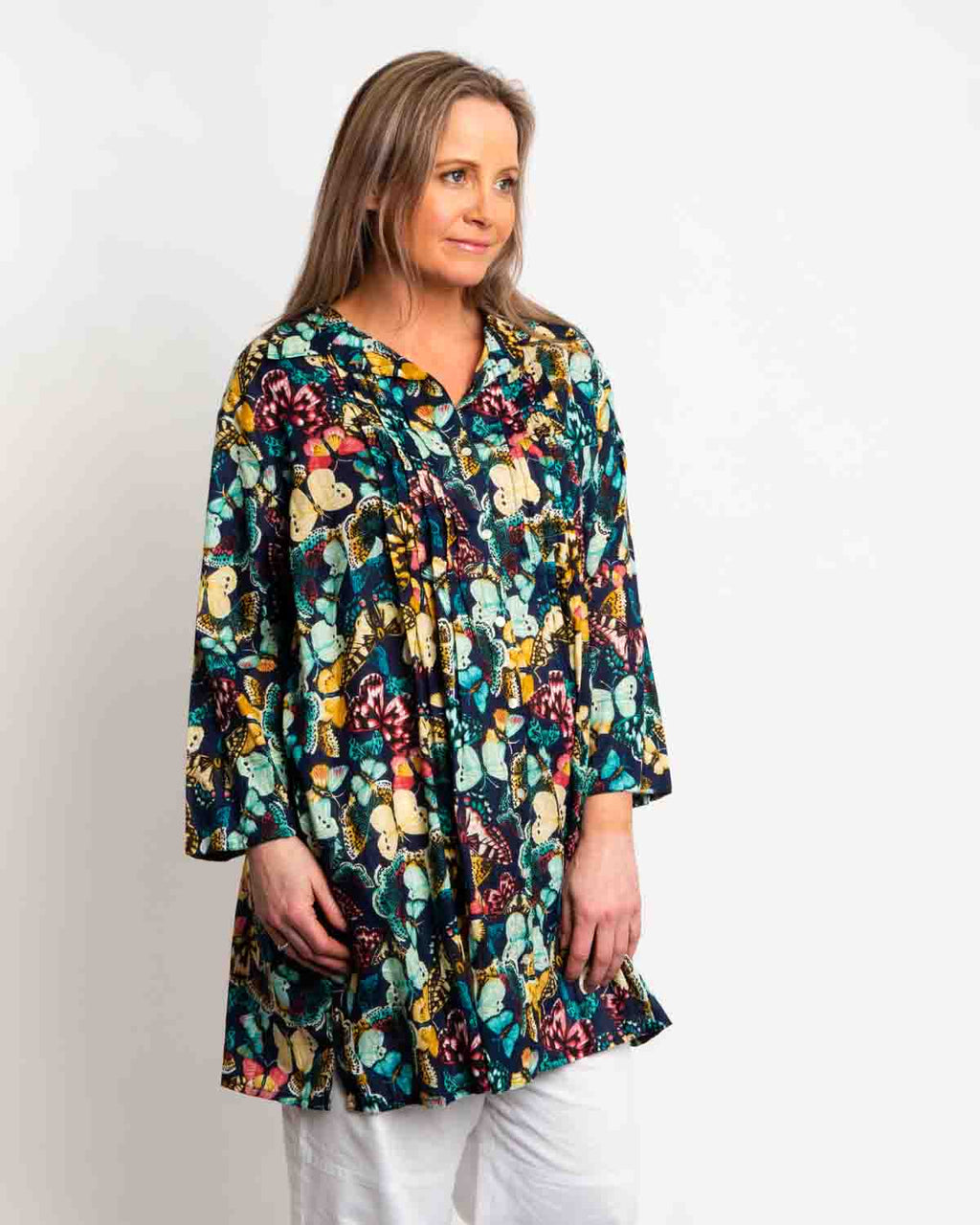 Long Collared Pleated Shirt in Navy Butterfly
