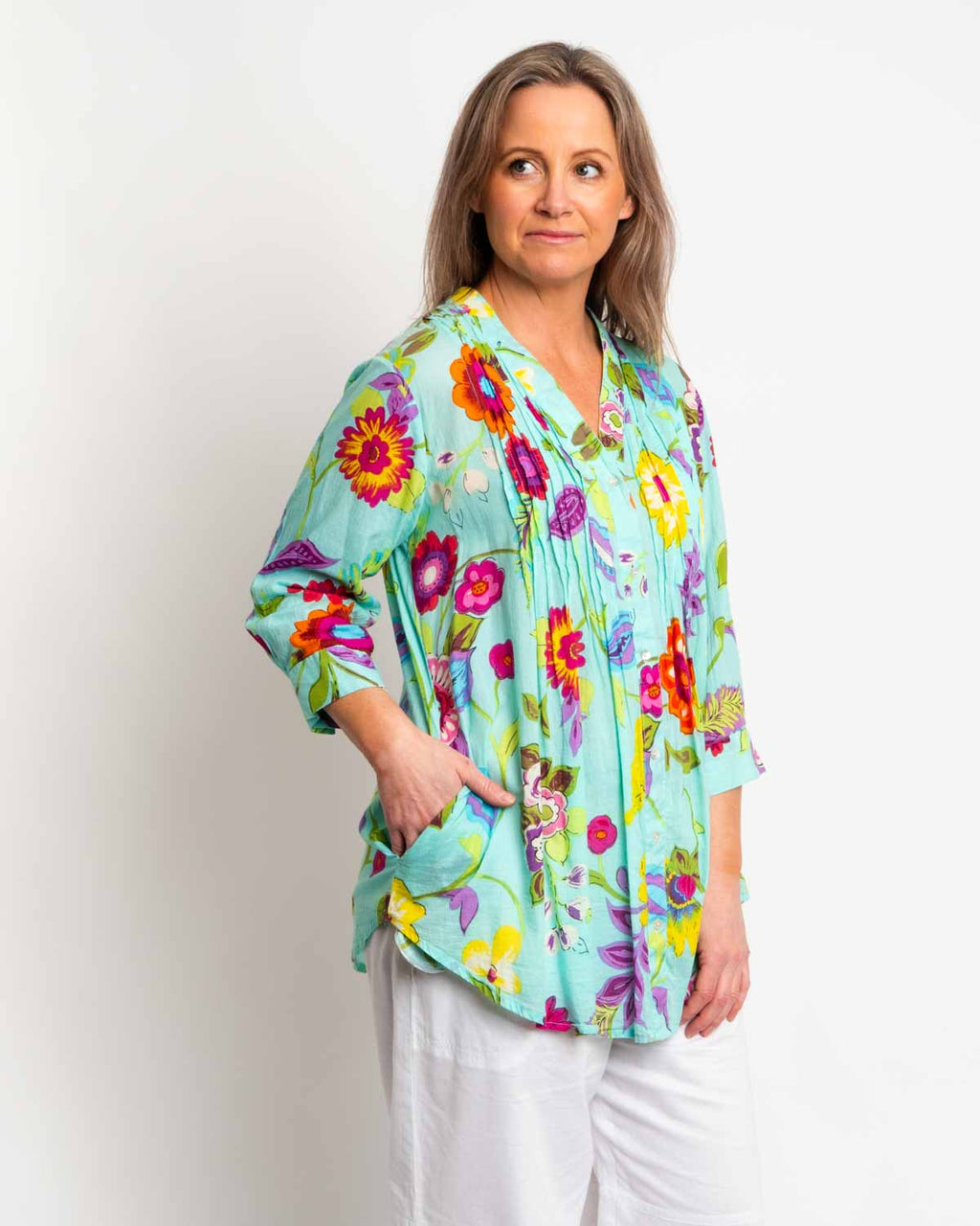 Palm Cove Top in Aqua Floral