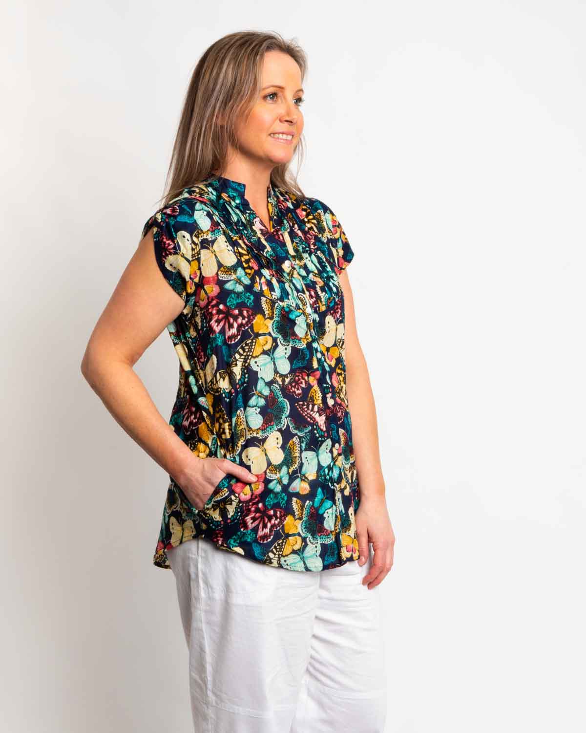 Magnetic Cap Sleeve Shirt in Navy Butterfly