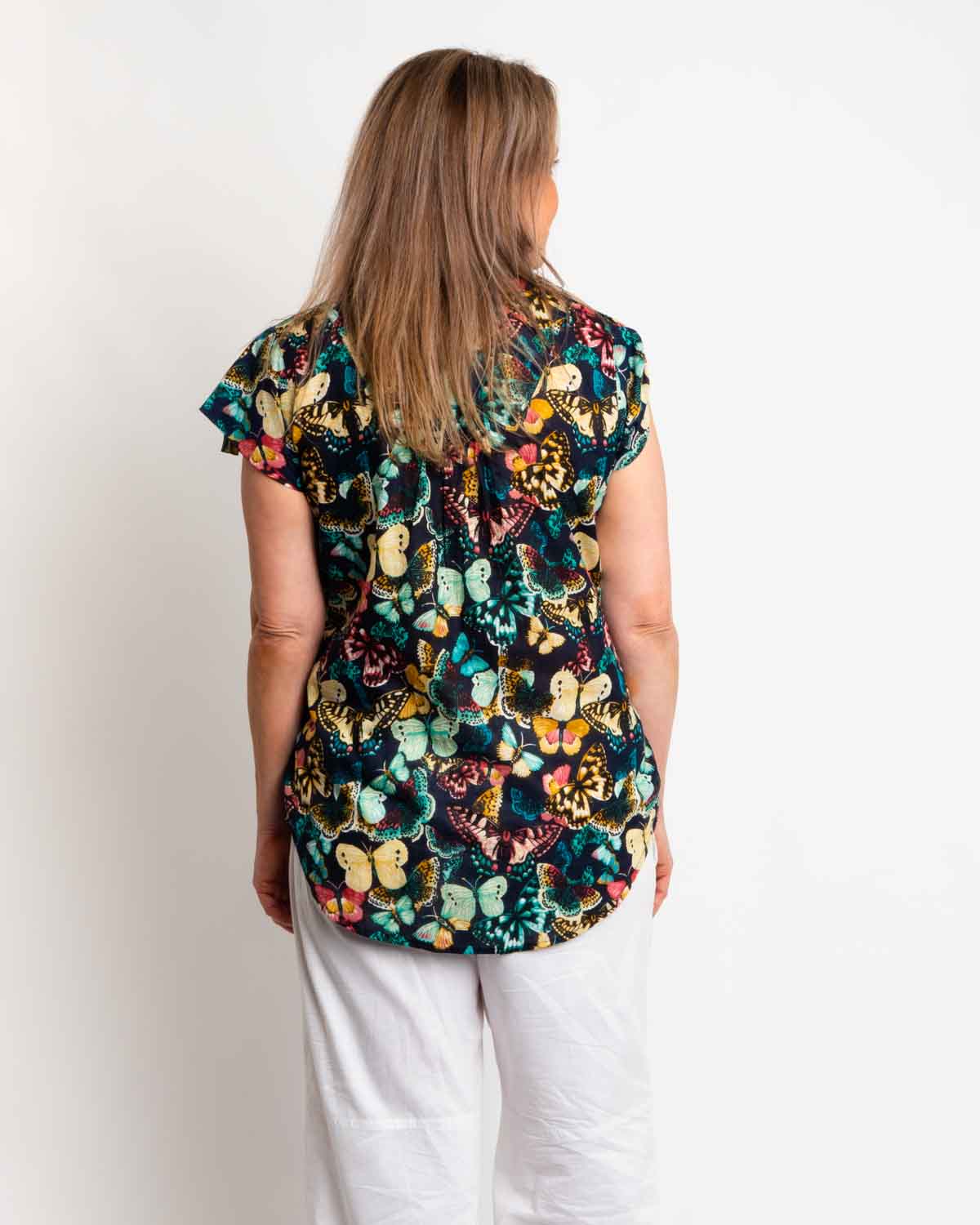 Magnetic Cap Sleeve Shirt in Navy Butterfly