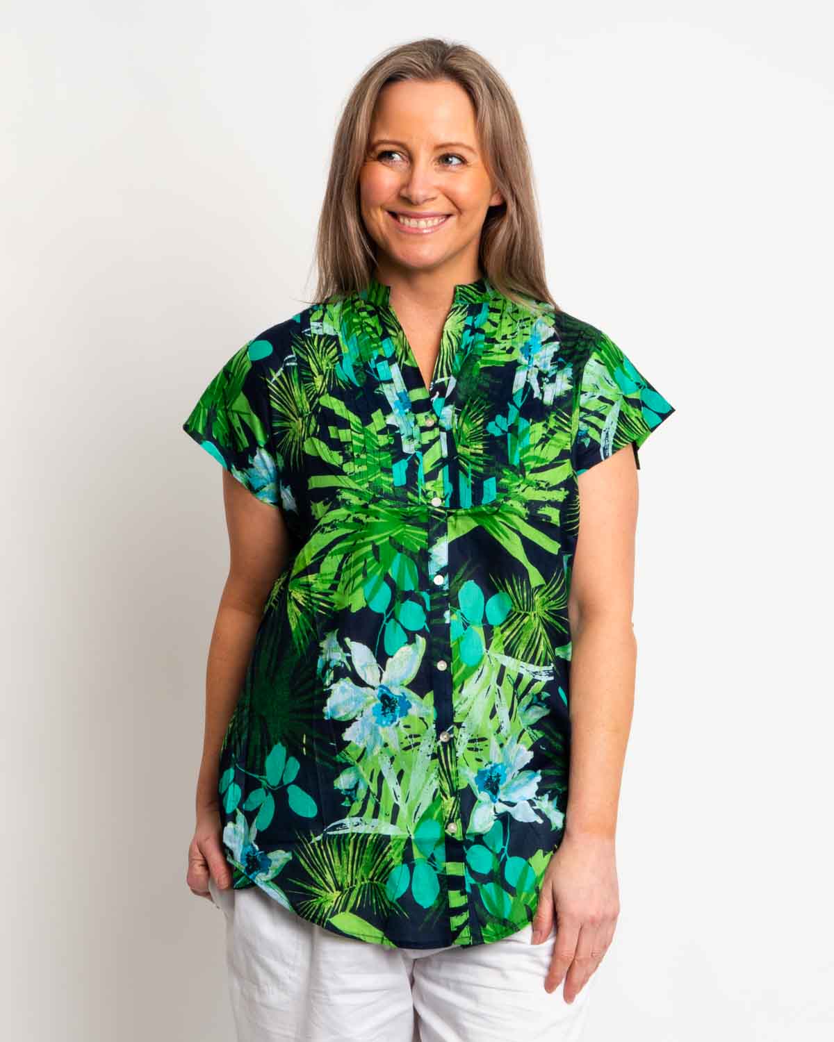 Magnetic Cap Sleeve Shirt in Lime Green Garden