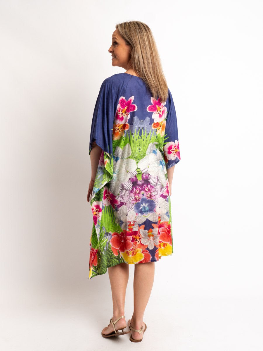 V-neck Dress Length Kaftan in Embroidered Blue Floral