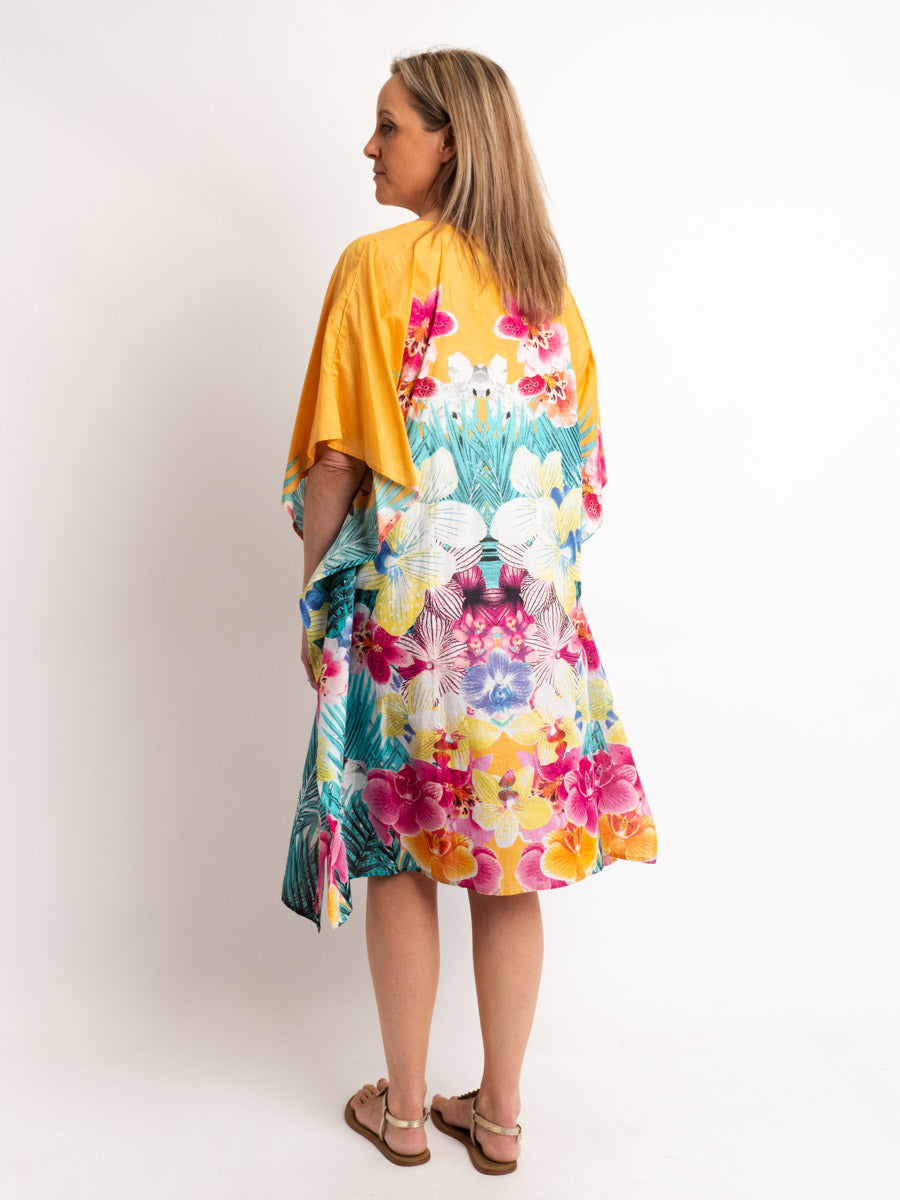 V-neck Dress Length Kaftan in Embroidered Apricot Floral