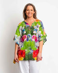 Too Easy Poncho Style V-neck Top in Multi Colour Floral on Blue