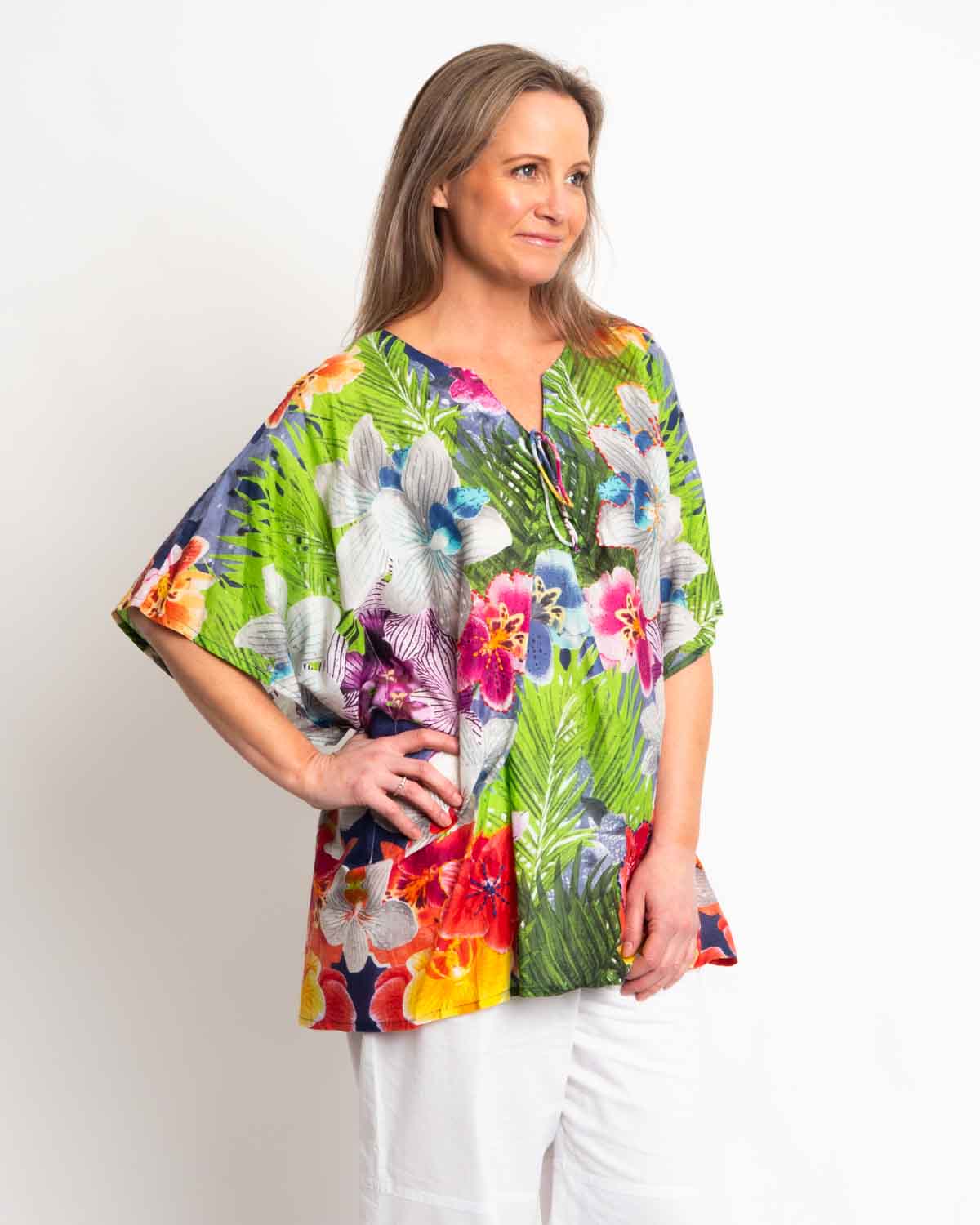 Too Easy Poncho Style V-neck Top in Multi Colour Floral on Blue