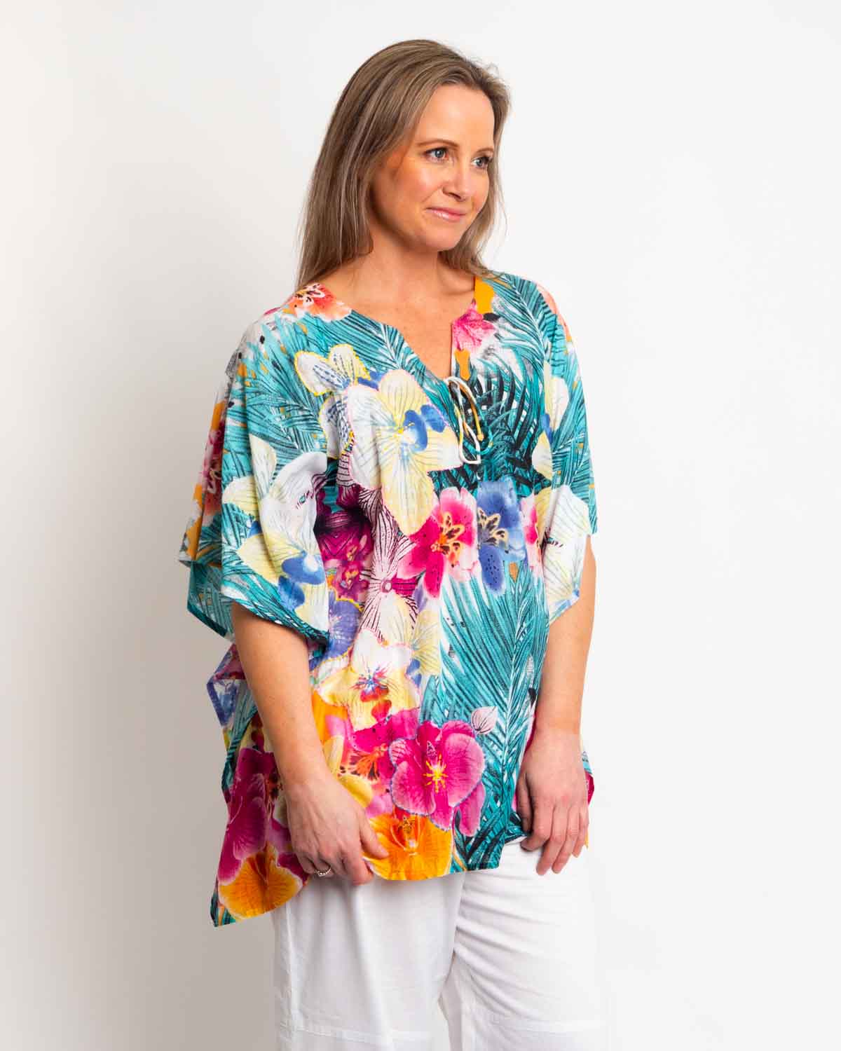 Too Easy Poncho Style V-neck Top in Multi Colour Floral on Peach