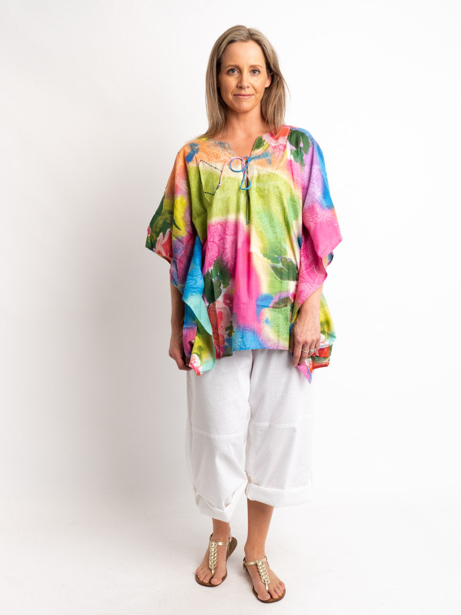 Too Easy Poncho Style V-neck Top in Embroidered Pastels