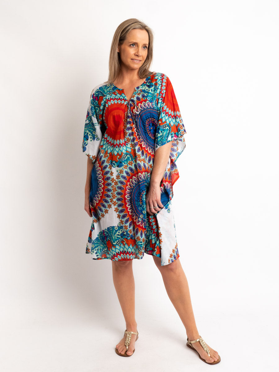 V-neck Dress Length Kaftan in Blue and Red Circles on White