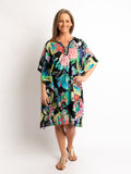 V-neck Dress Length Kaftan in Black Floral