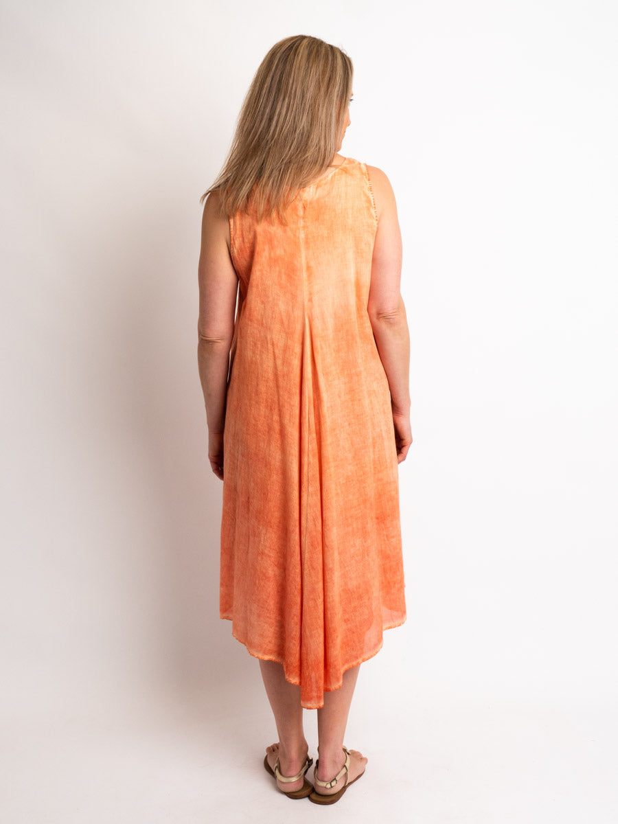 Sleeveless Lined V-neck A-line Dress in Tangerine Wash