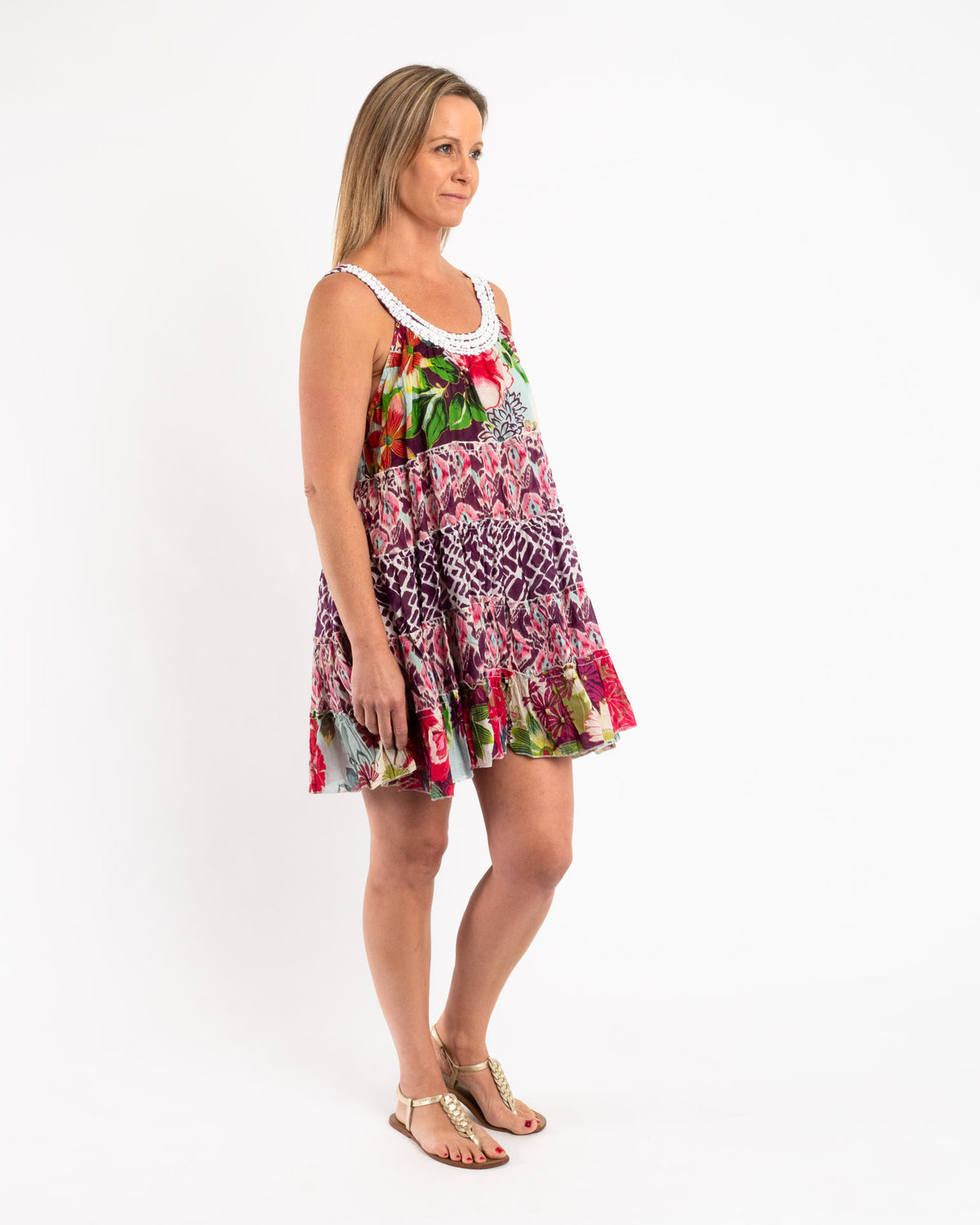 Mixed Print Panelled Short Dress in Pink Garden