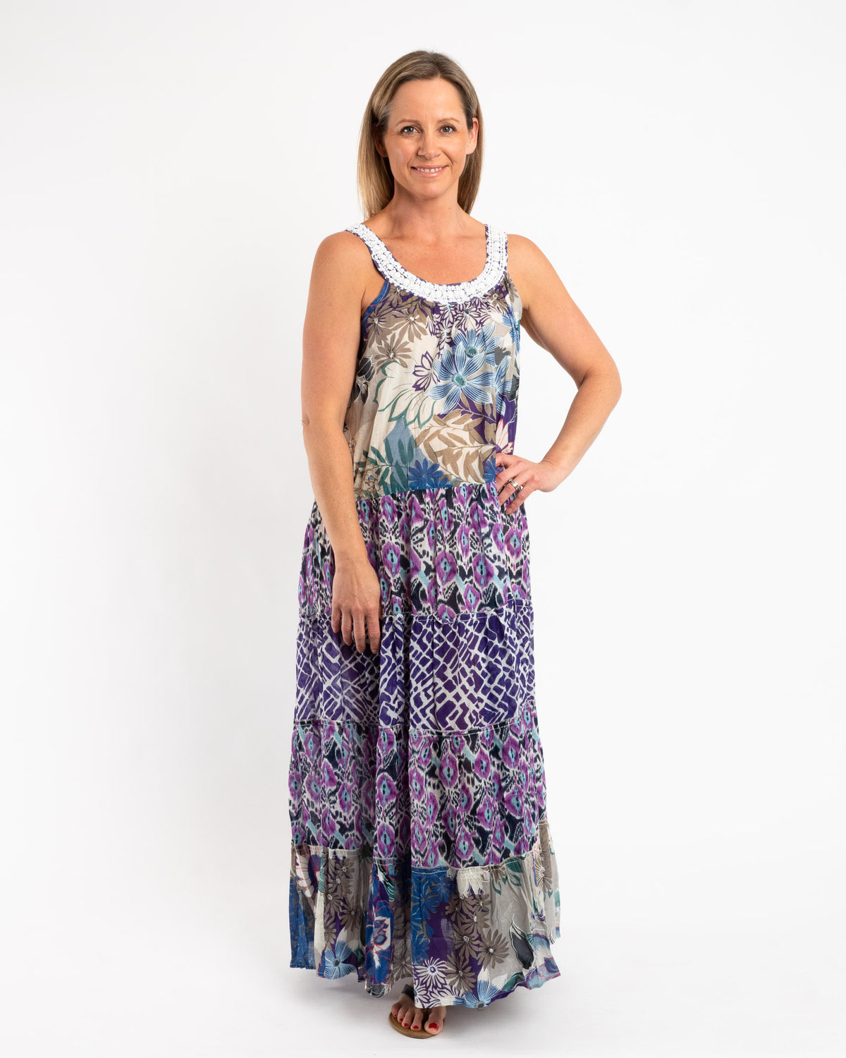 Mixed Print Panelled Maxi Dress in Grey Purple