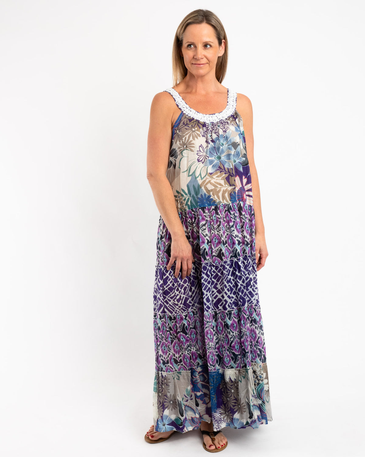 Mixed Print Panelled Maxi Dress in Grey Purple