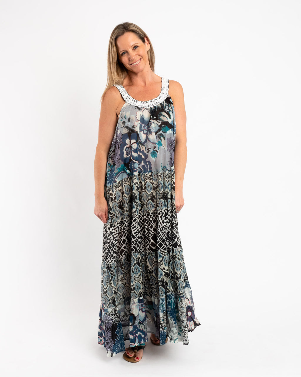 Mixed Print Panelled Maxi Dress in Blue Grey