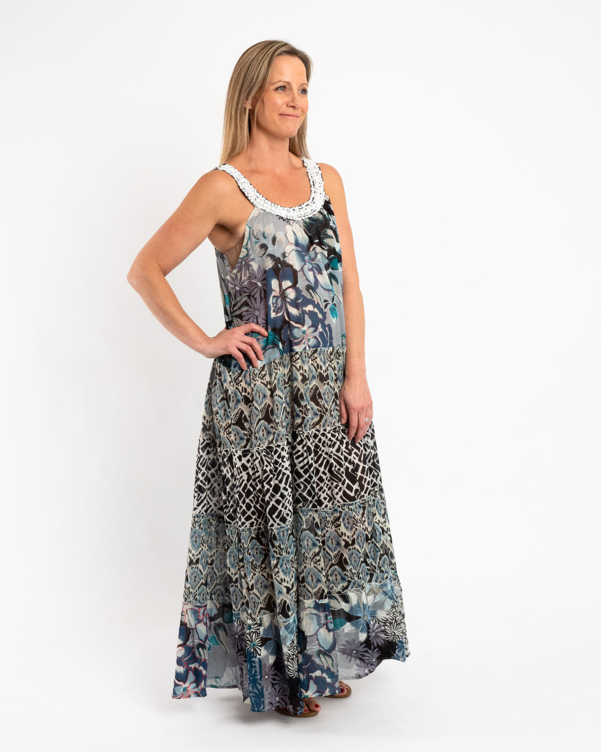Mixed Print Panelled Maxi Dress in Blue Grey