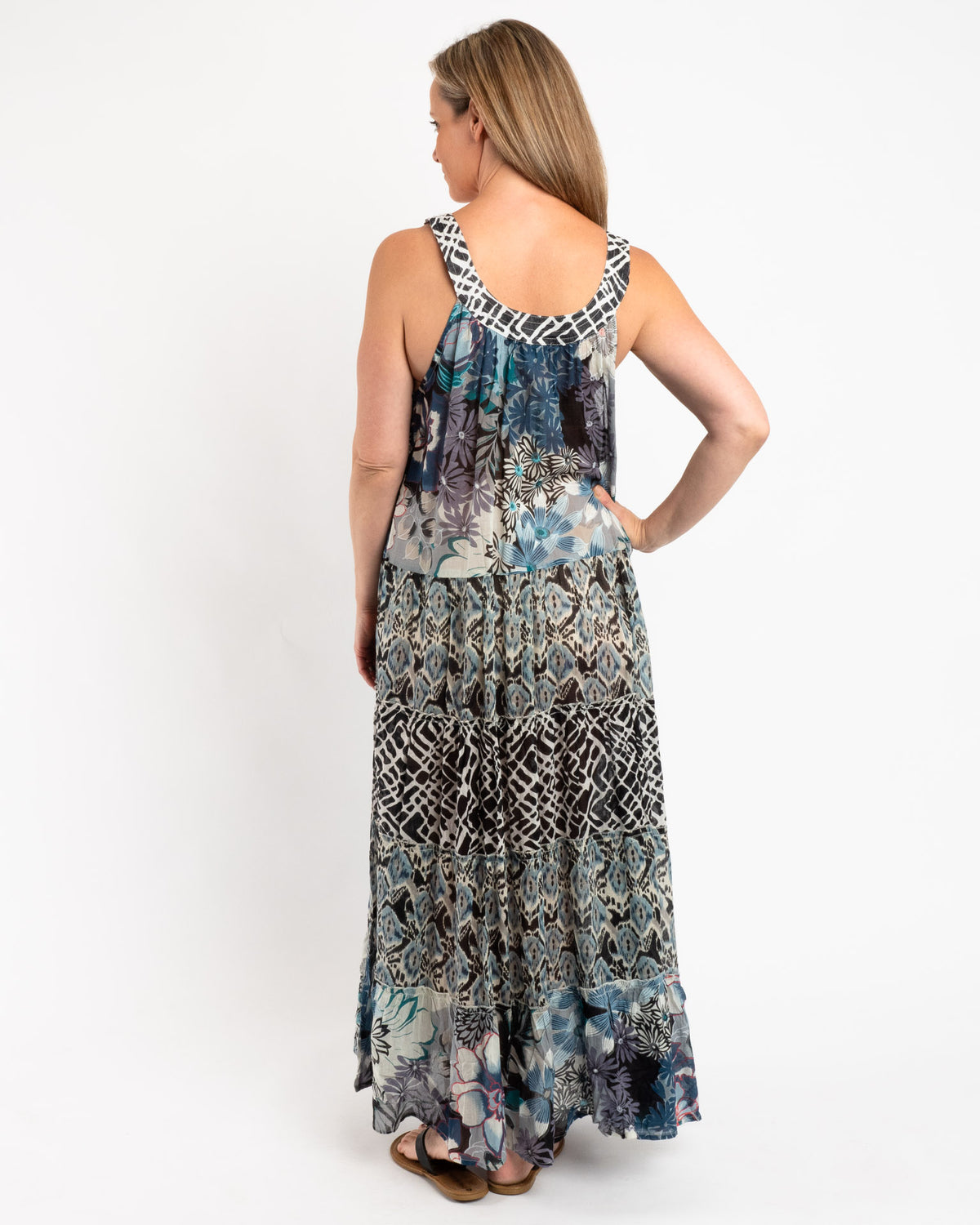 Mixed Print Panelled Maxi Dress in Blue Grey